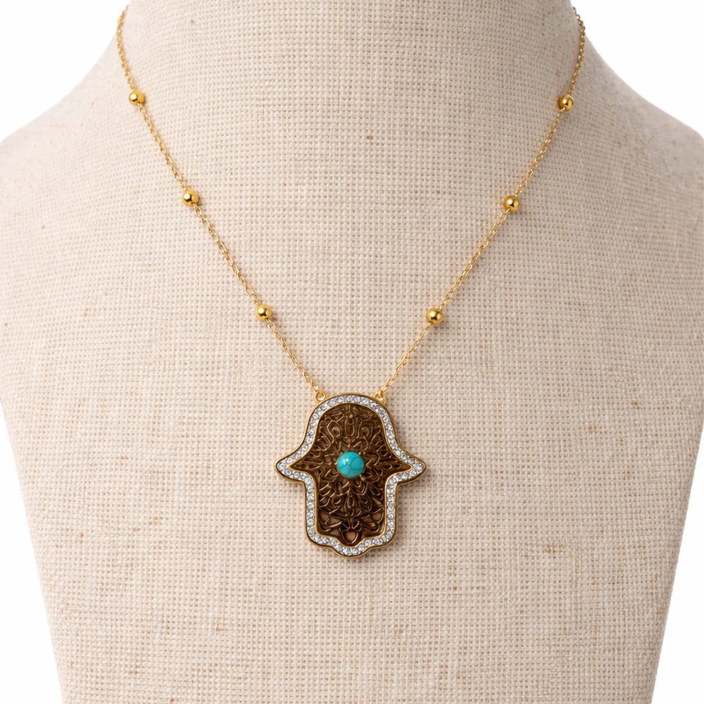 Elegant Gold and Brown Hamsa Pendant Necklace - Picture 3 of 5